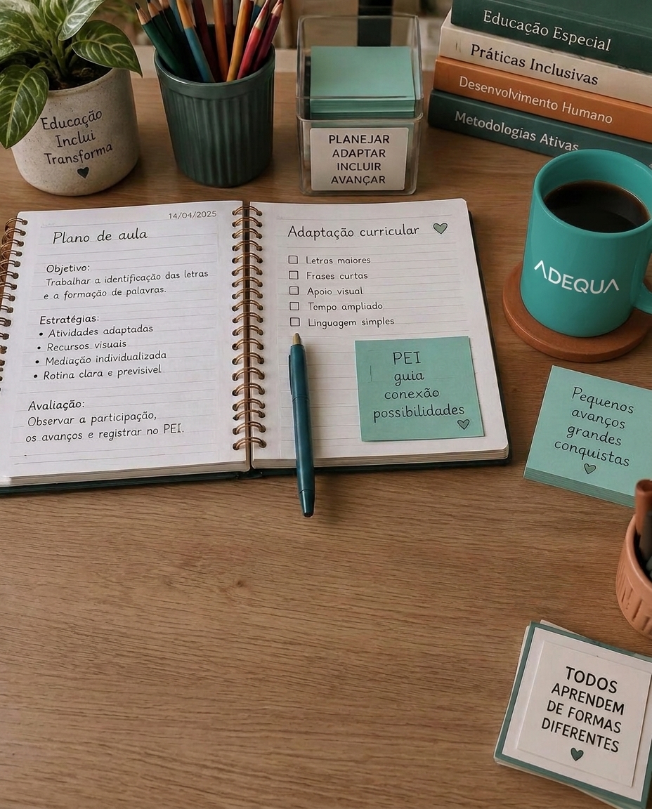 Mesa de professor com atividades adaptadas, lápis de cores e caderno